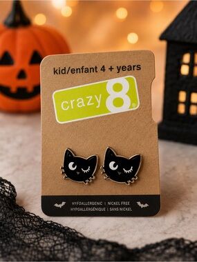 Crazy 8 Winking Black Cat Pierced Earring Posts Halloween